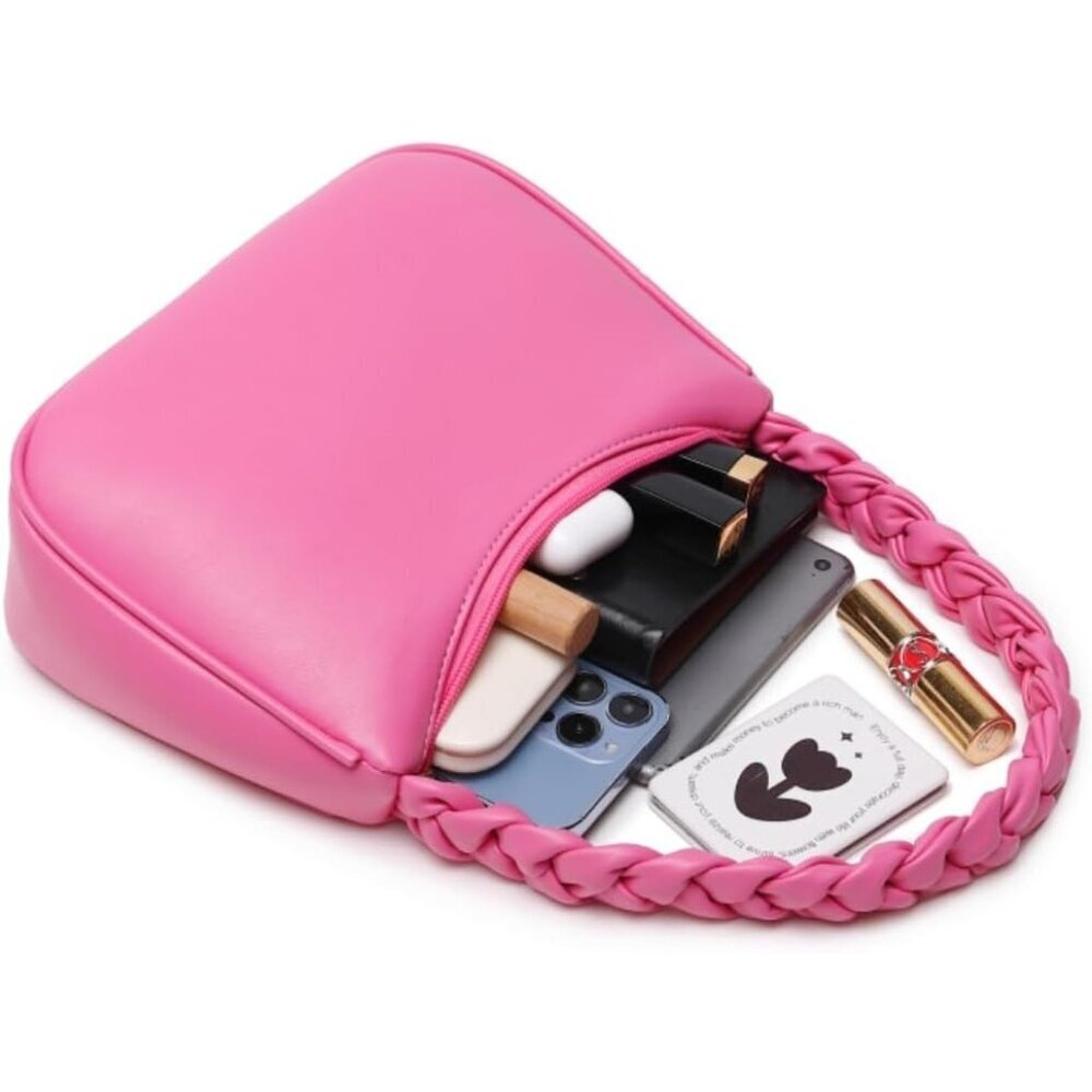 Women Braid Pink Imported Polyester Pu Leather Zipper Closure Mini Tote Handbag - Picture 4 of 7